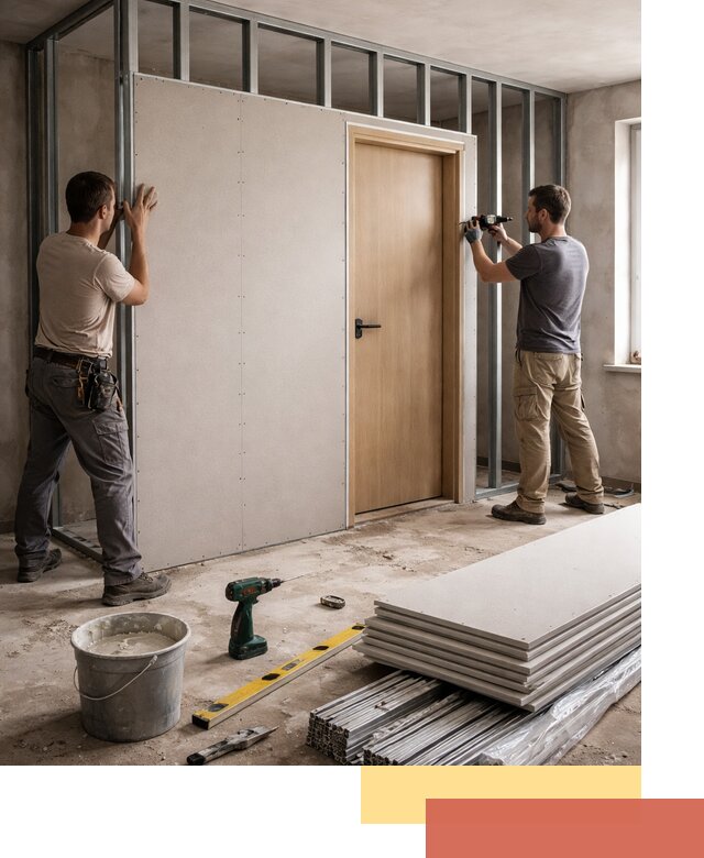 Перегородка из гипсокартона с дверью под ключ в Ярцево