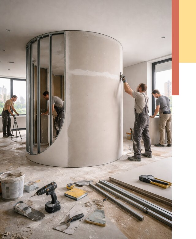 Радиусная перегородка из гипсокартона в Ярцево от 2950 руб. под ключ | ОТДЕЛОЧНИК-Рцв