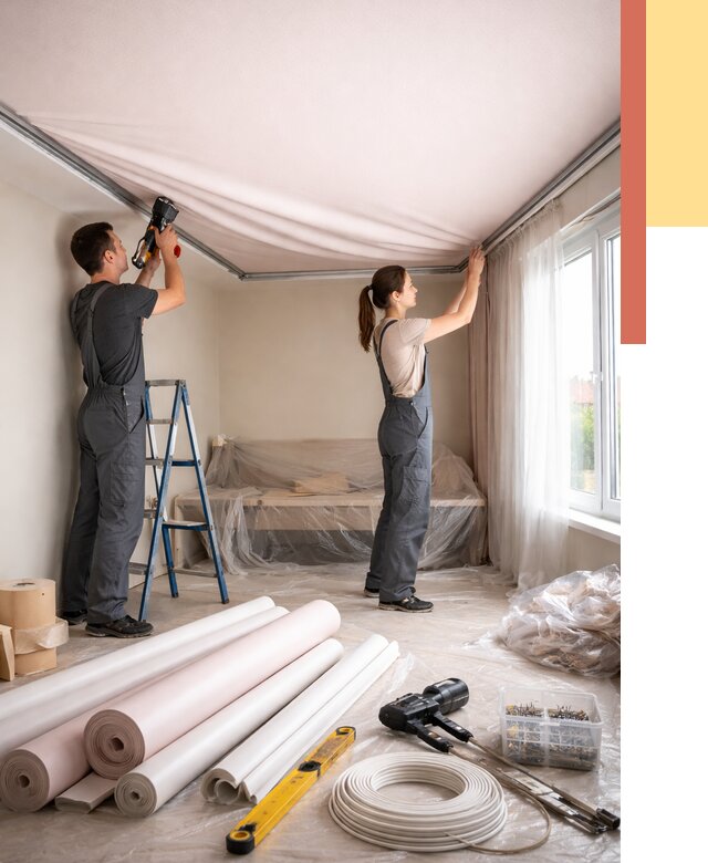 Монтаж цветного натяжного потолка в Ярцево от 4273 руб/м² — быстро и недорого | ОТДЕЛОЧНИК-Рцв