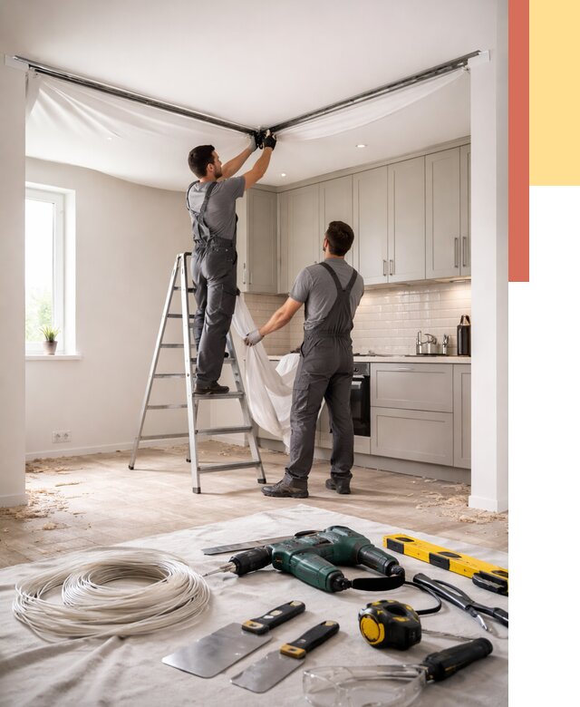 Установка натяжного потолка на кухне в Ярцево от 2442 руб. | ОТДЕЛОЧНИК-Рцв