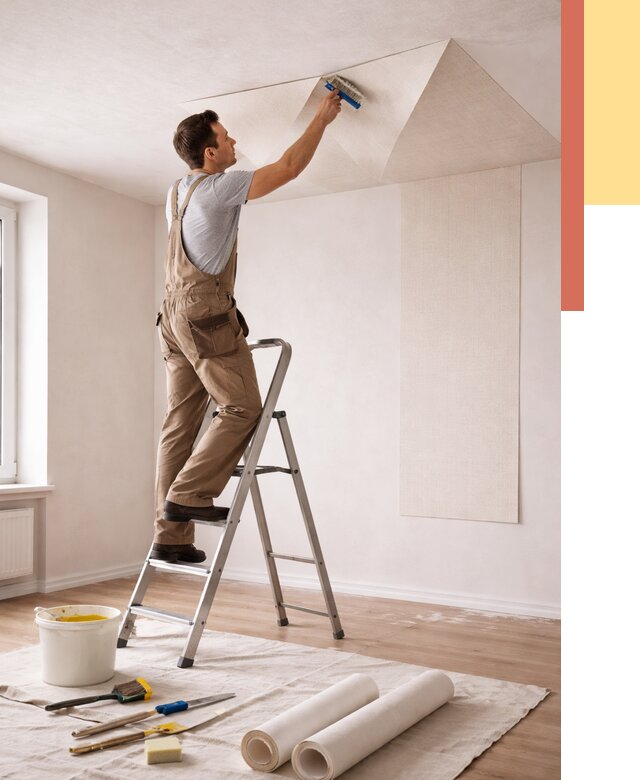 Поклейка обоев на потолок в Ярцево от 4578 руб. быстро и недорого | ОТДЕЛОЧНИК-Рцв